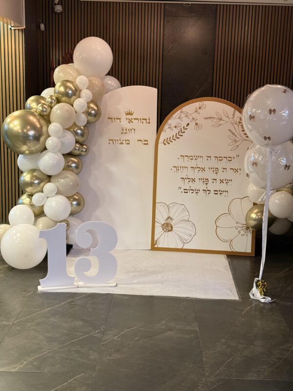 עמדת צילום לבר מצווה עם קיר קאפה בעיצוב אישי ובלוני זכוכית עם כיתוב בהתאמה אישית